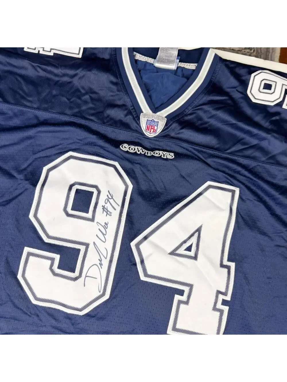 Navy DeMarcus Ware 94 Dallas Cowboys Reebok On Field jersey size XL signed